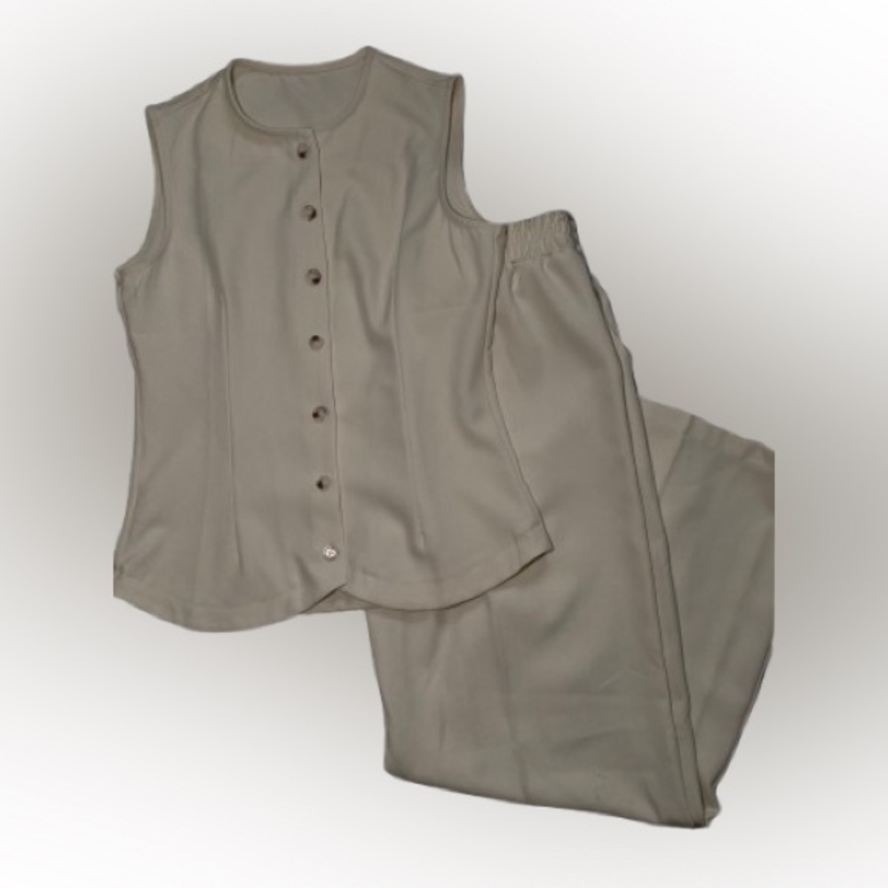 Sleeveless Button Front Jumpsuit Pants Set in Beige
